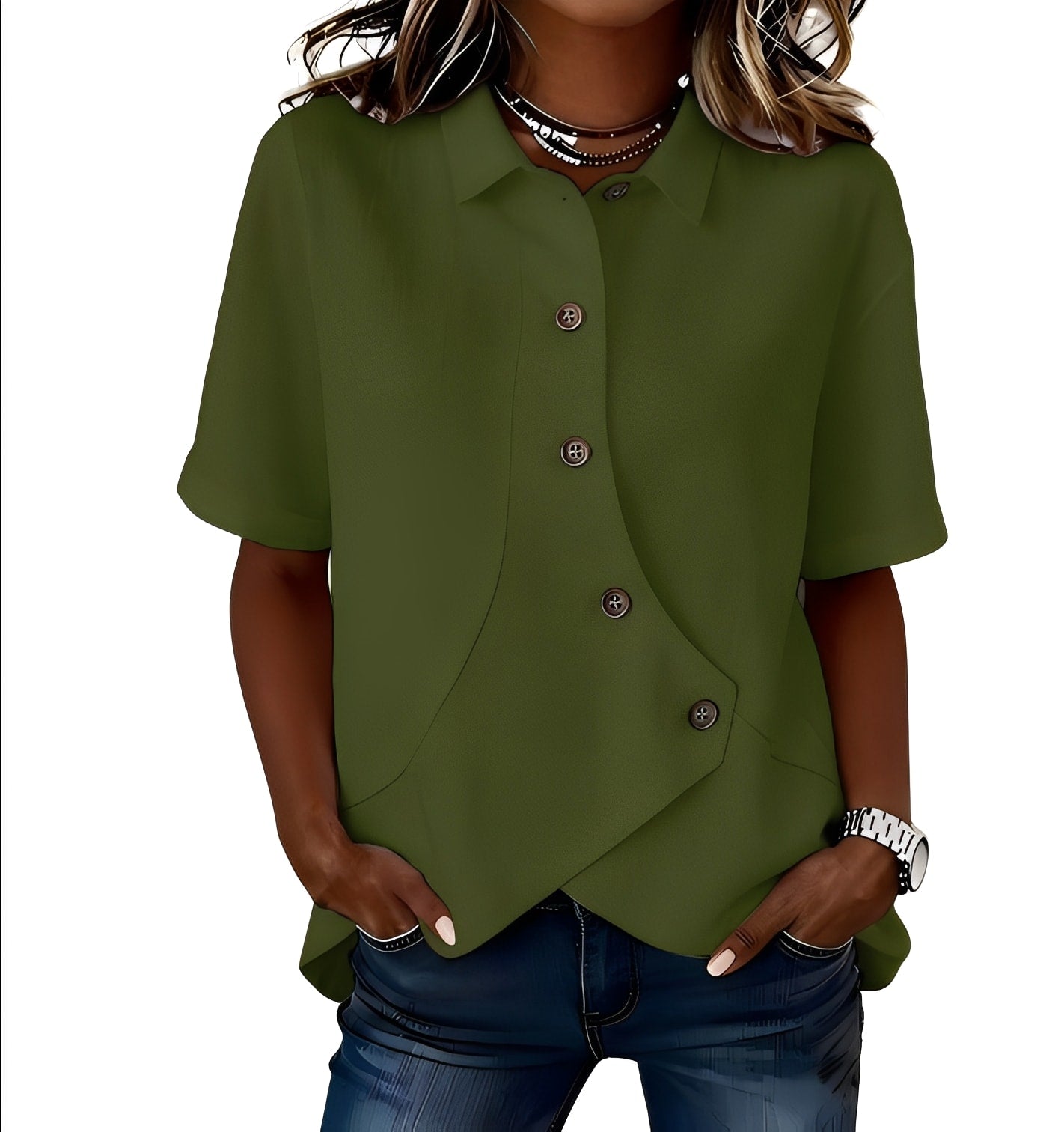 Thabata | Short Sleeve Asymmetrical Button Shirt Blouse