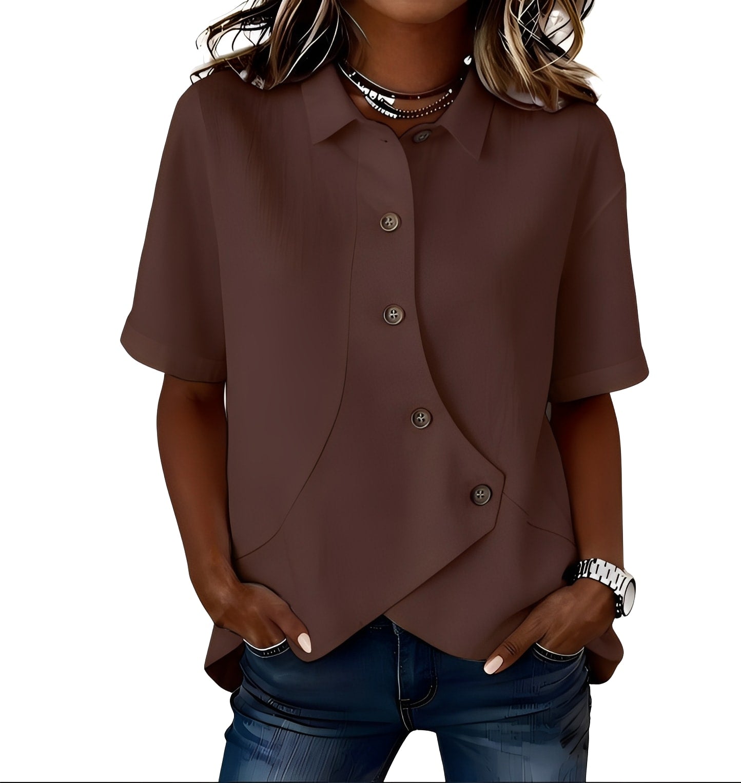 Thabata | Short Sleeve Asymmetrical Button Shirt Blouse
