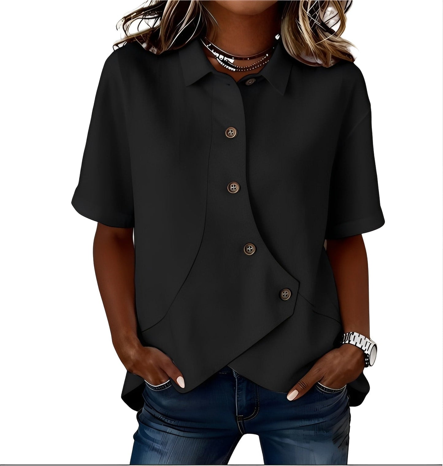 Thabata | Short Sleeve Asymmetrical Button Shirt Blouse