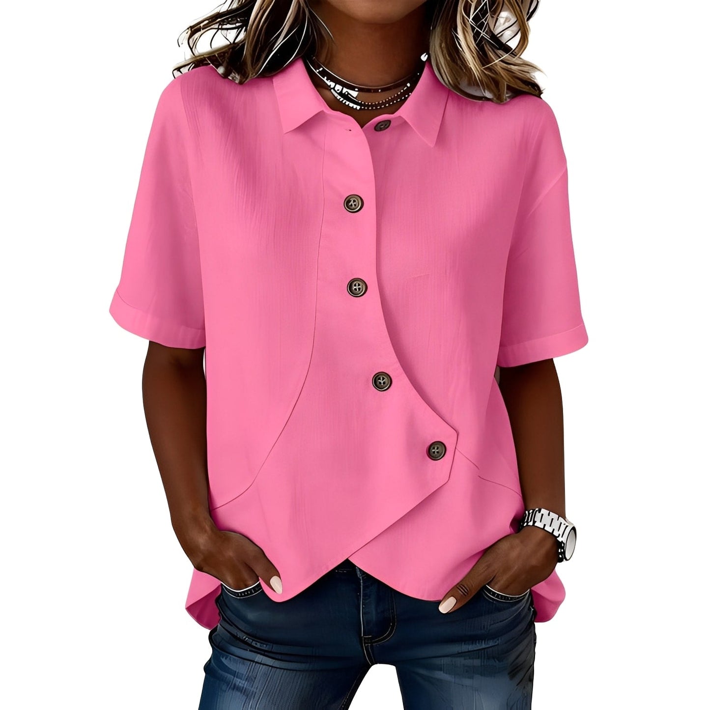 Thabata | Short Sleeve Asymmetrical Button Shirt Blouse