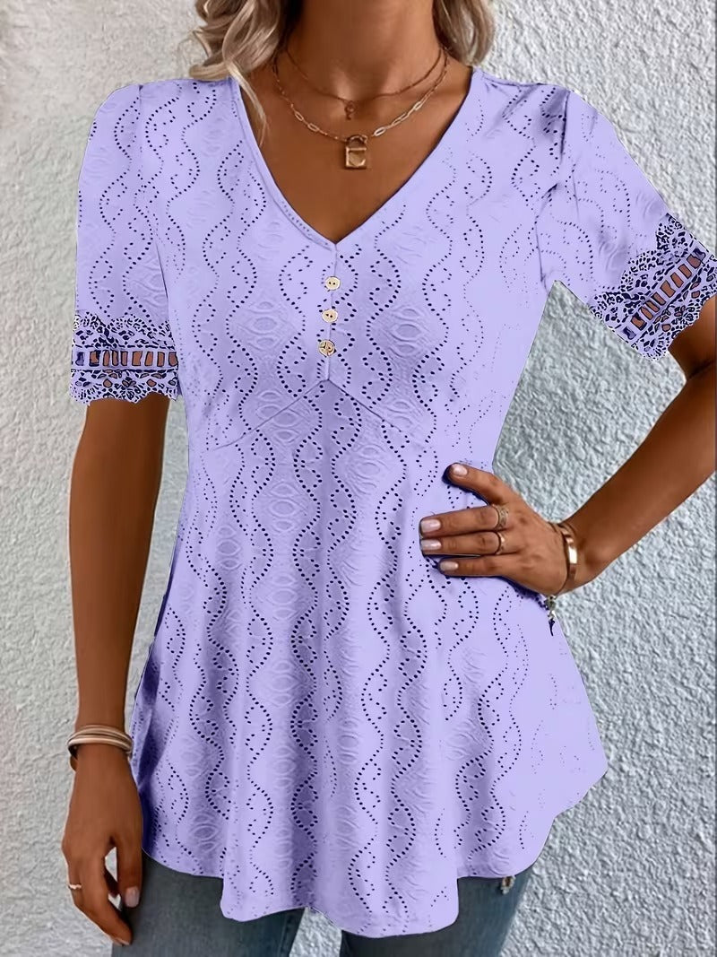 Lolytta | Eyelet V-Neck Short Sleeve Tunic