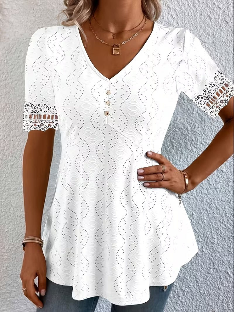 Lolytta | Eyelet V-Neck Short Sleeve Tunic