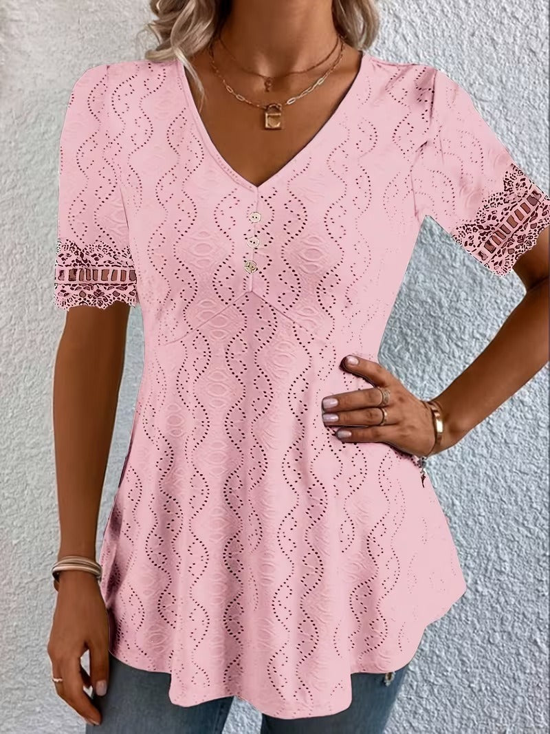 Lolytta | Eyelet V-Neck Short Sleeve Tunic
