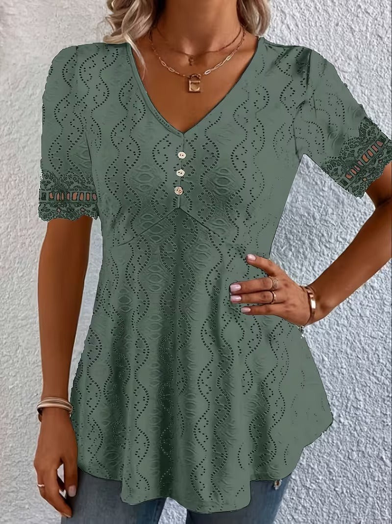 Lolytta | Eyelet V-Neck Short Sleeve Tunic