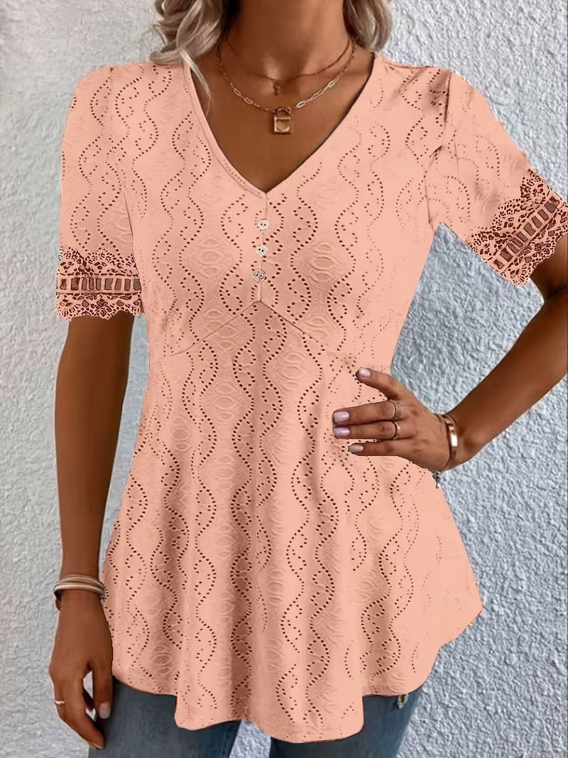 Lolytta | Eyelet V-Neck Short Sleeve Tunic