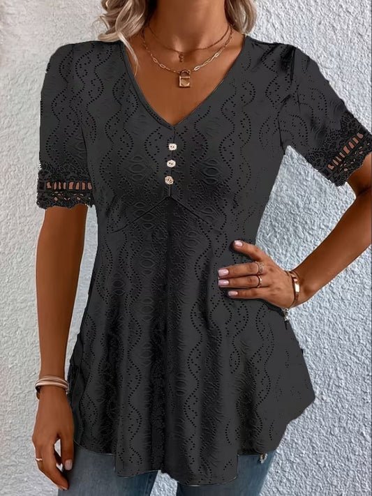 Lolytta | Eyelet V-Neck Short Sleeve Tunic