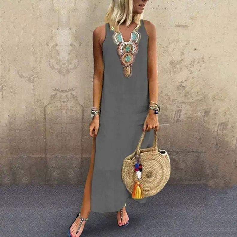 Sujin | Sleeveless Embroidered Neck Maxi Dress