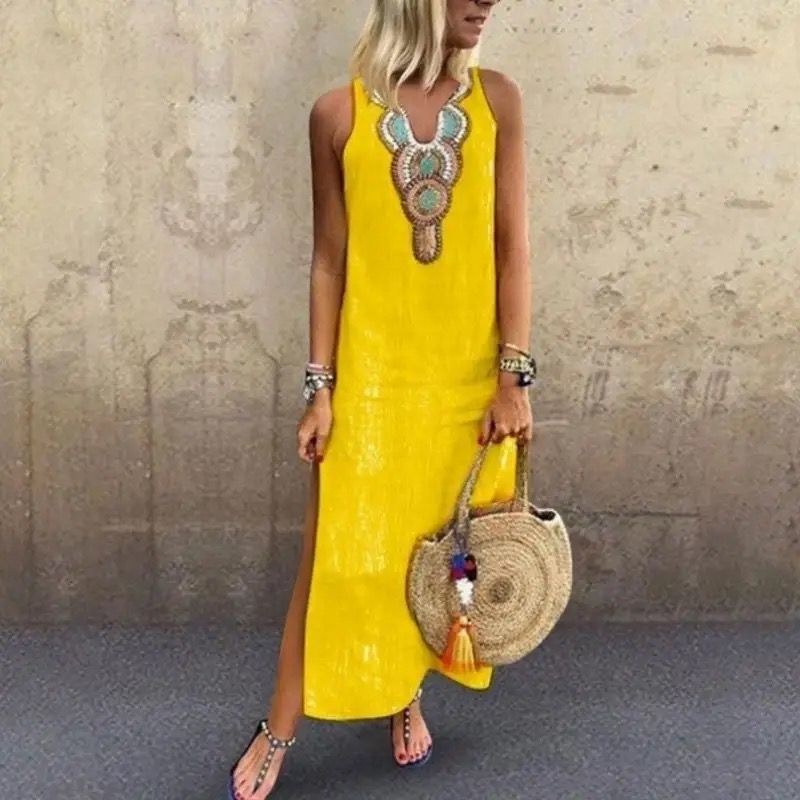 Sujin | Sleeveless Embroidered Neck Maxi Dress