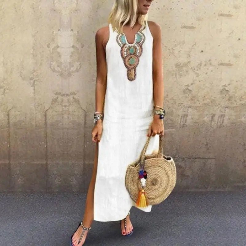 Sujin | Sleeveless Embroidered Neck Maxi Dress