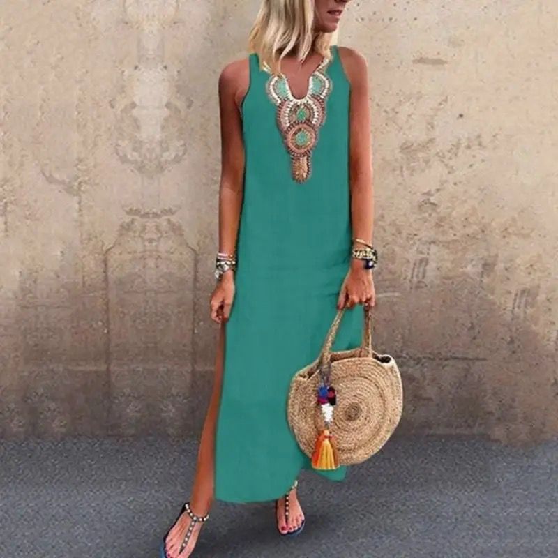 Sujin | Sleeveless Embroidered Neck Maxi Dress