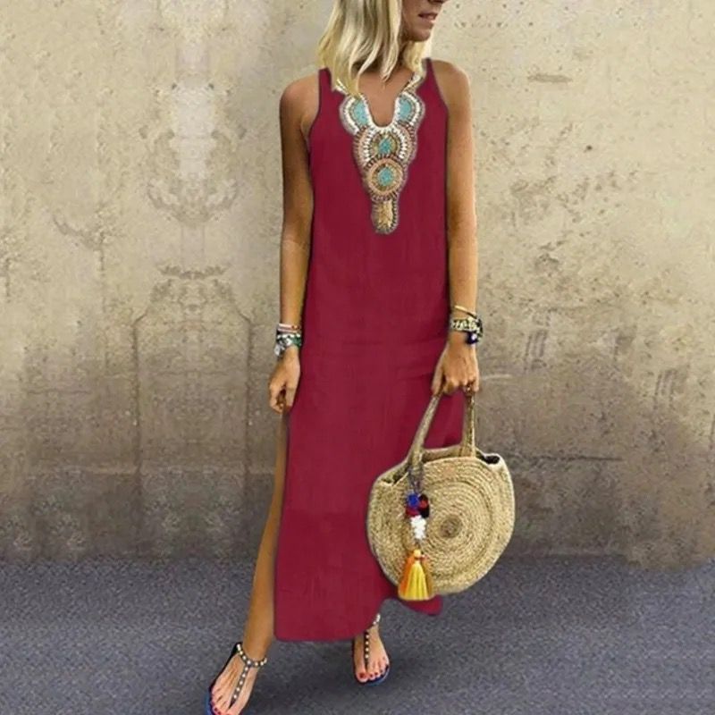 Sujin | Sleeveless Embroidered Neck Maxi Dress