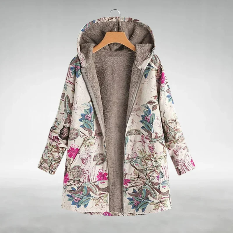Panida | Floral Hooded Fleece-Lined Long Jacket