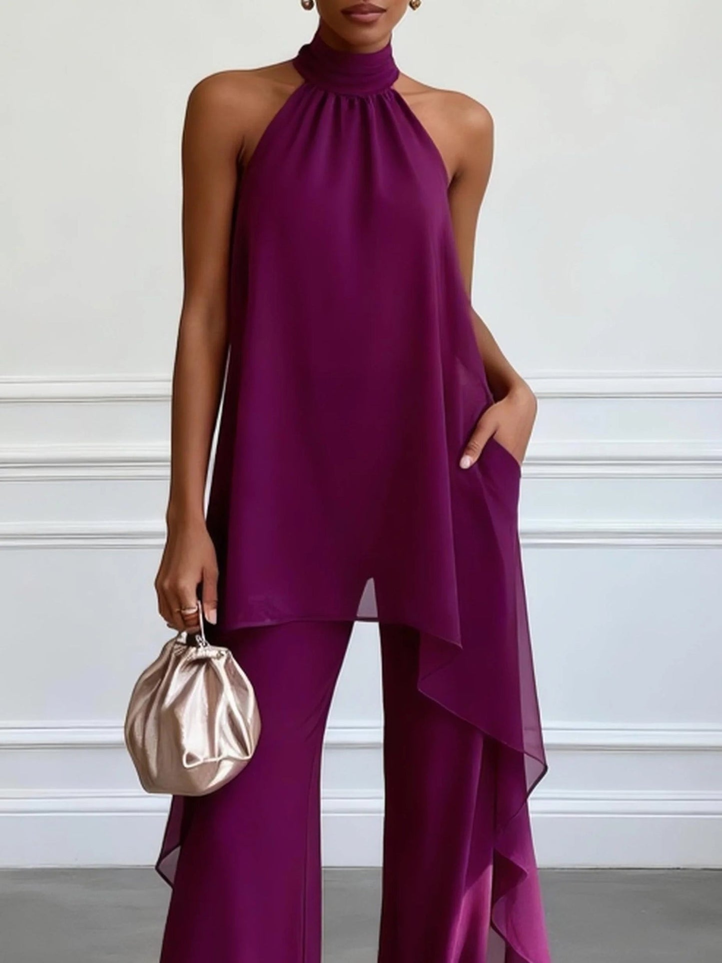 Victtoria | Two Piece Purple Halter Pants Set