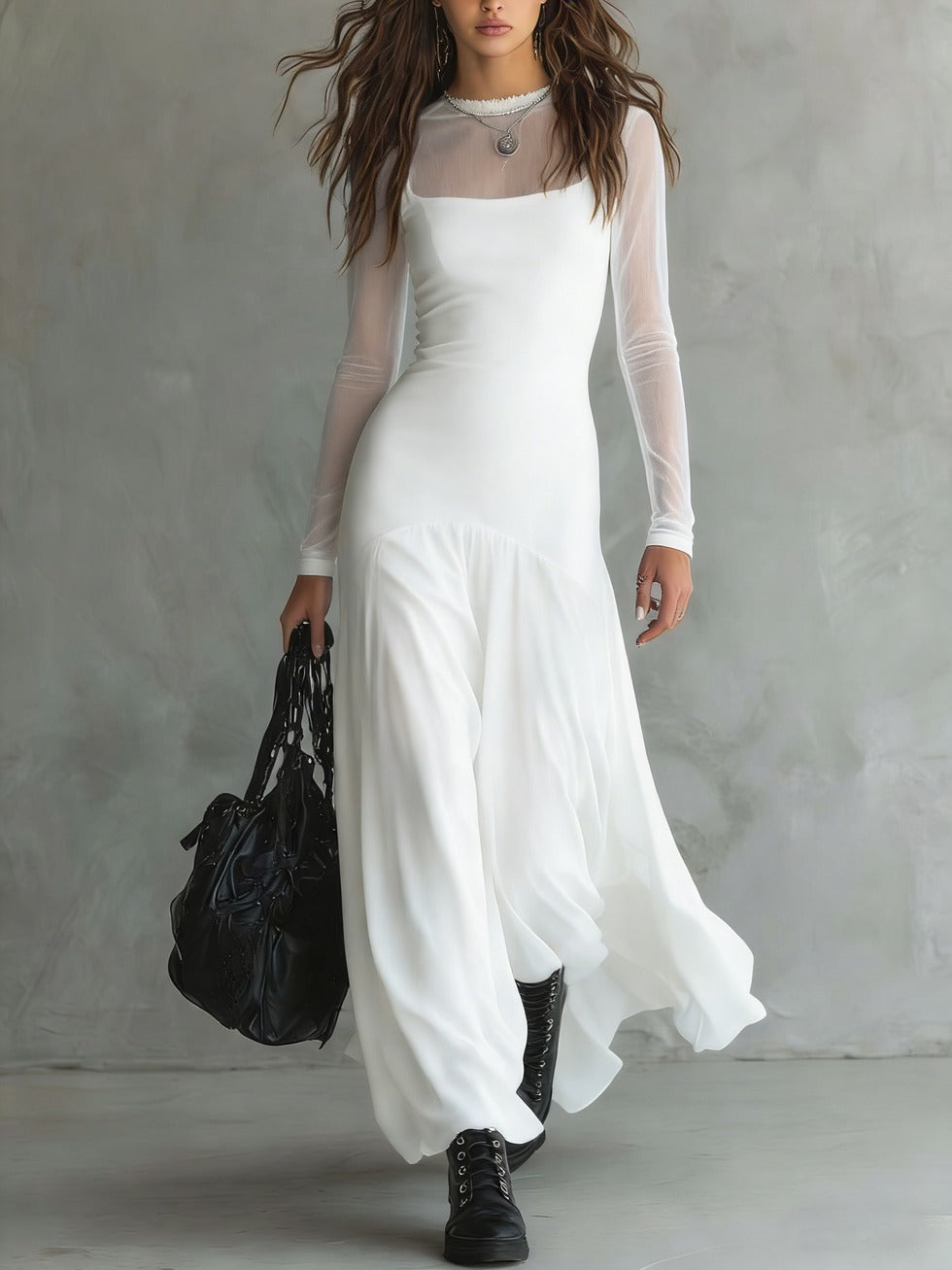 Yovanna | Maxi Sheer Sleeve Square Neck Dress