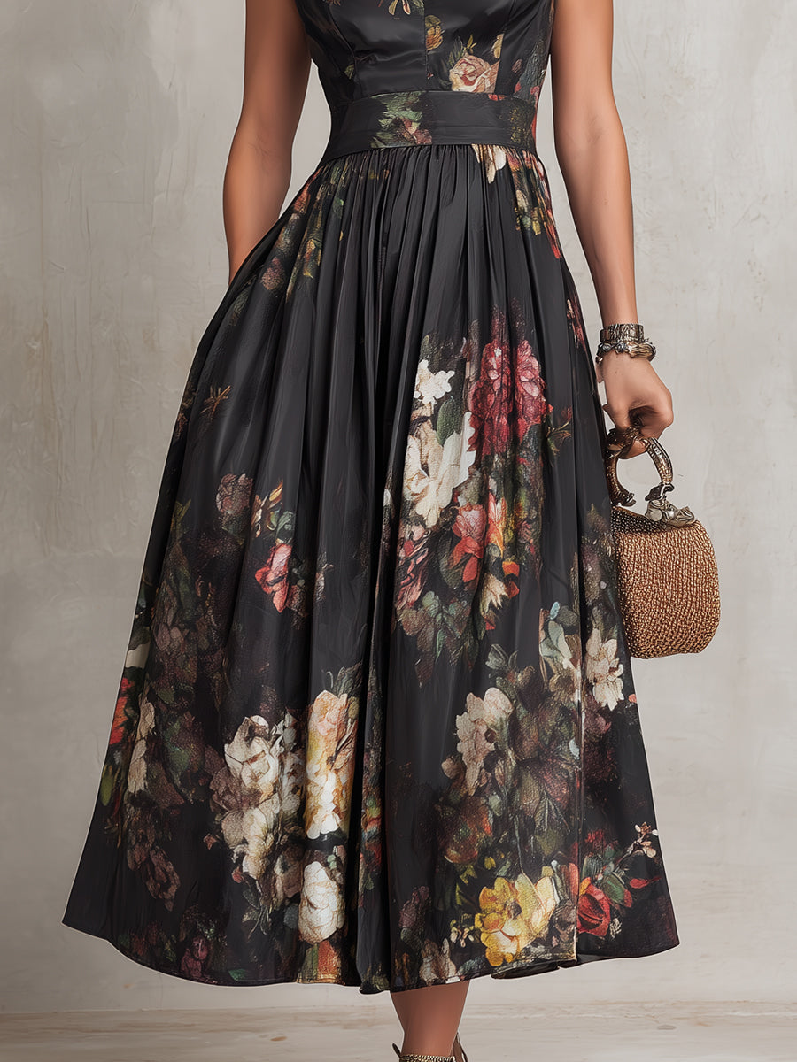 Littia | Pleated Floral Keyhole Midi Dress
