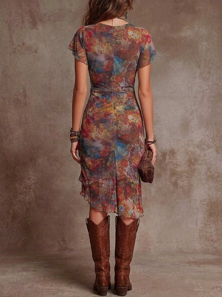 Jacklen | Abstract Print V-Neck Midi Dress