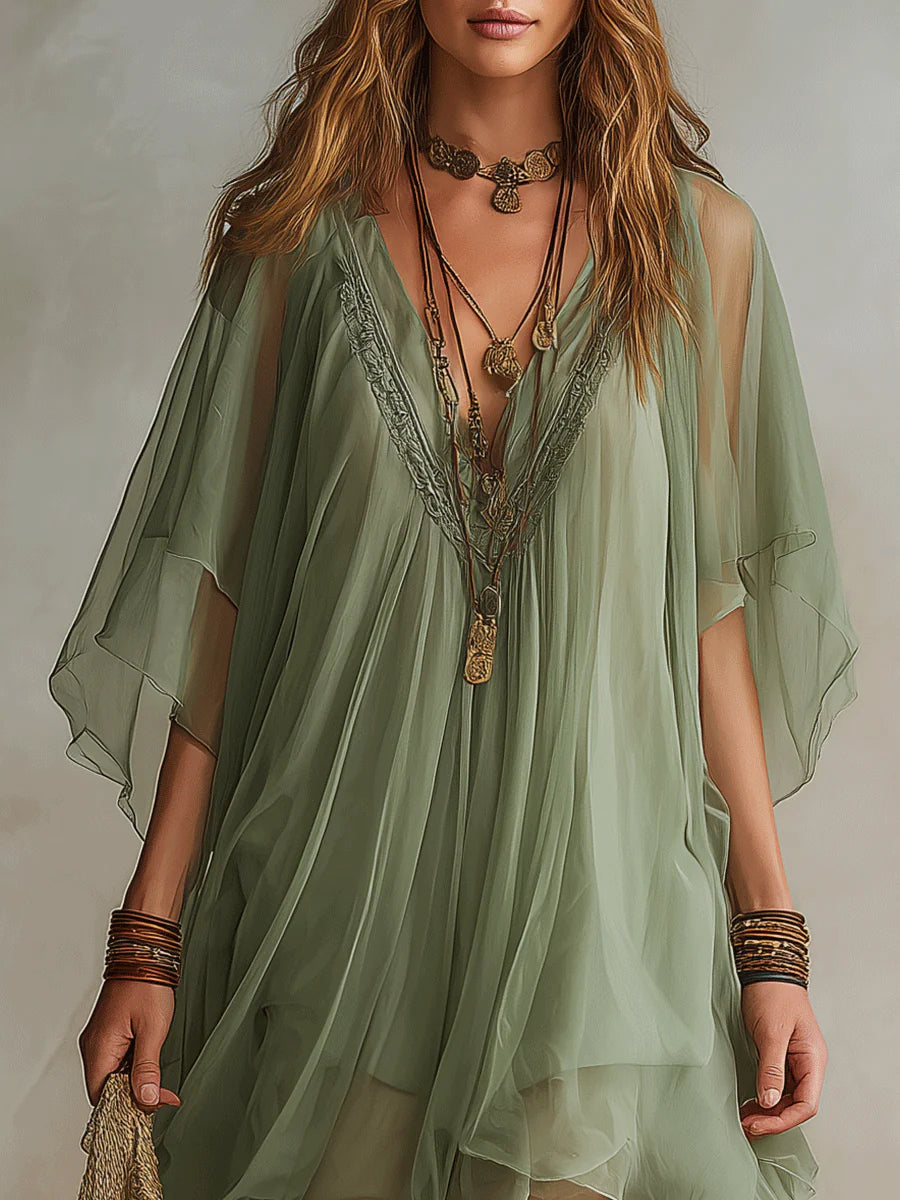 Sadet | Sage Chiffon V-Neck Mini Dress
