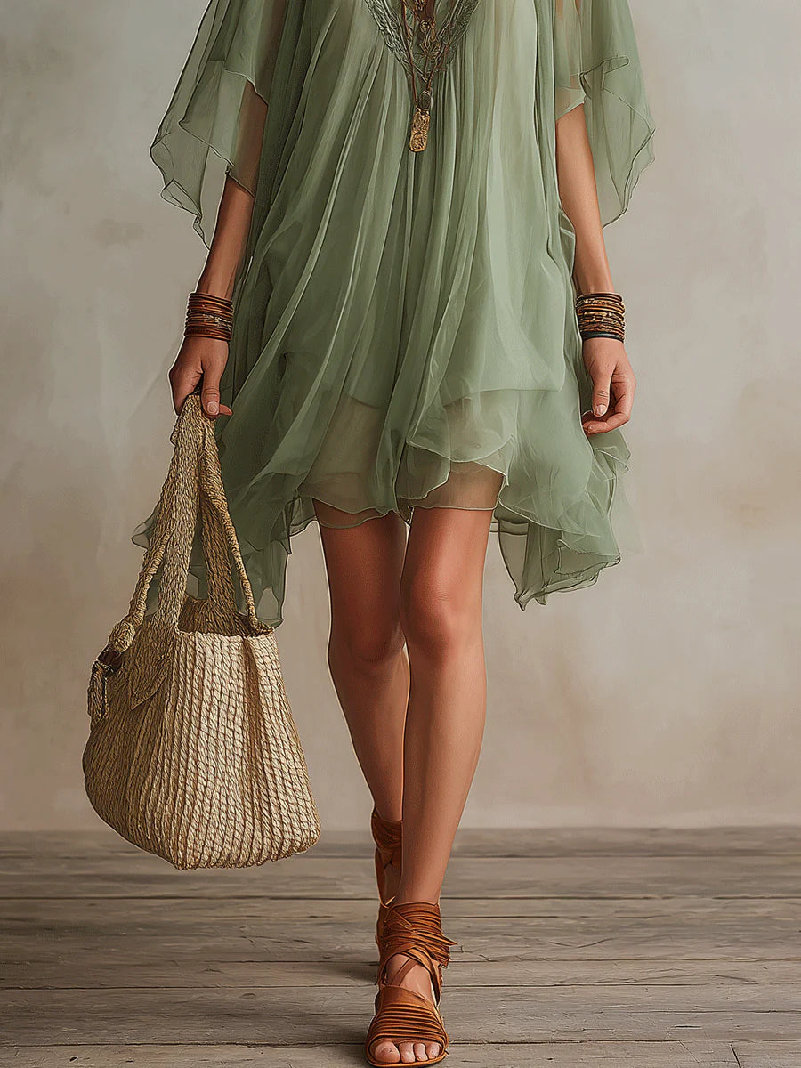 Sadet | Sage Chiffon V-Neck Mini Dress