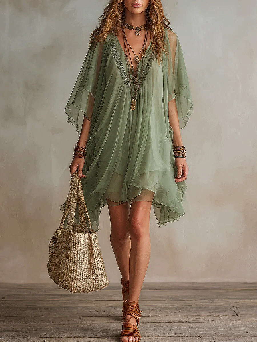 Sadet | Sage Chiffon V-Neck Mini Dress