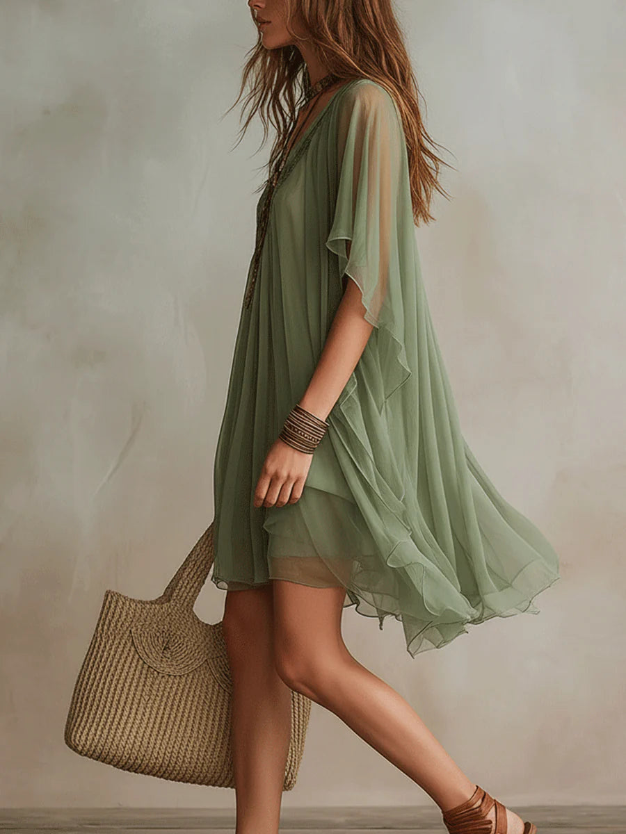 Sadet | Sage Chiffon V-Neck Mini Dress