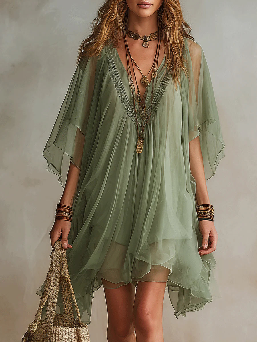 Sadet | Sage Chiffon V-Neck Mini Dress