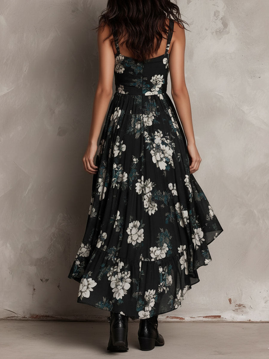 Meza | Floral V-Neck High-Low Midi Dress