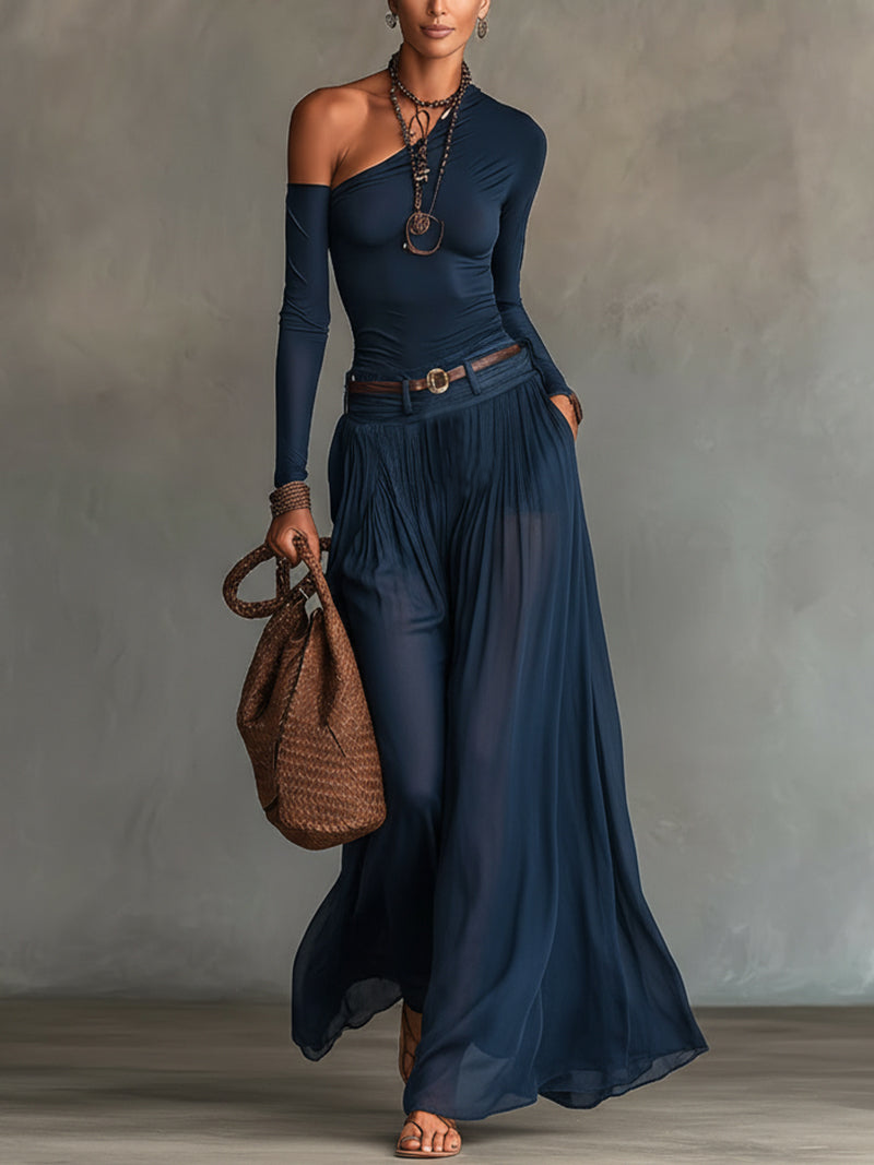 Hnisa | One Shoulder Long Sleeve Pleated Maxi Dress