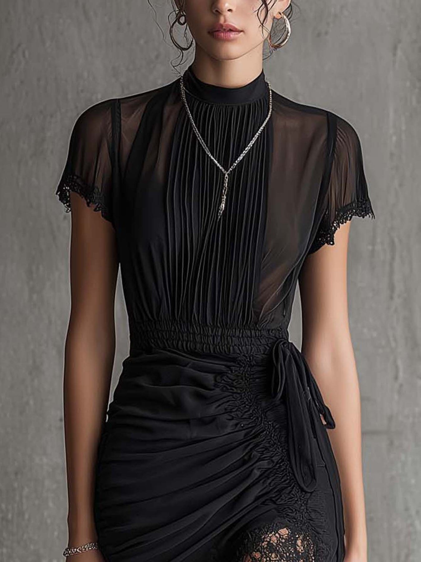 Semila | Black Pleated Waist Lace Trim Dress
