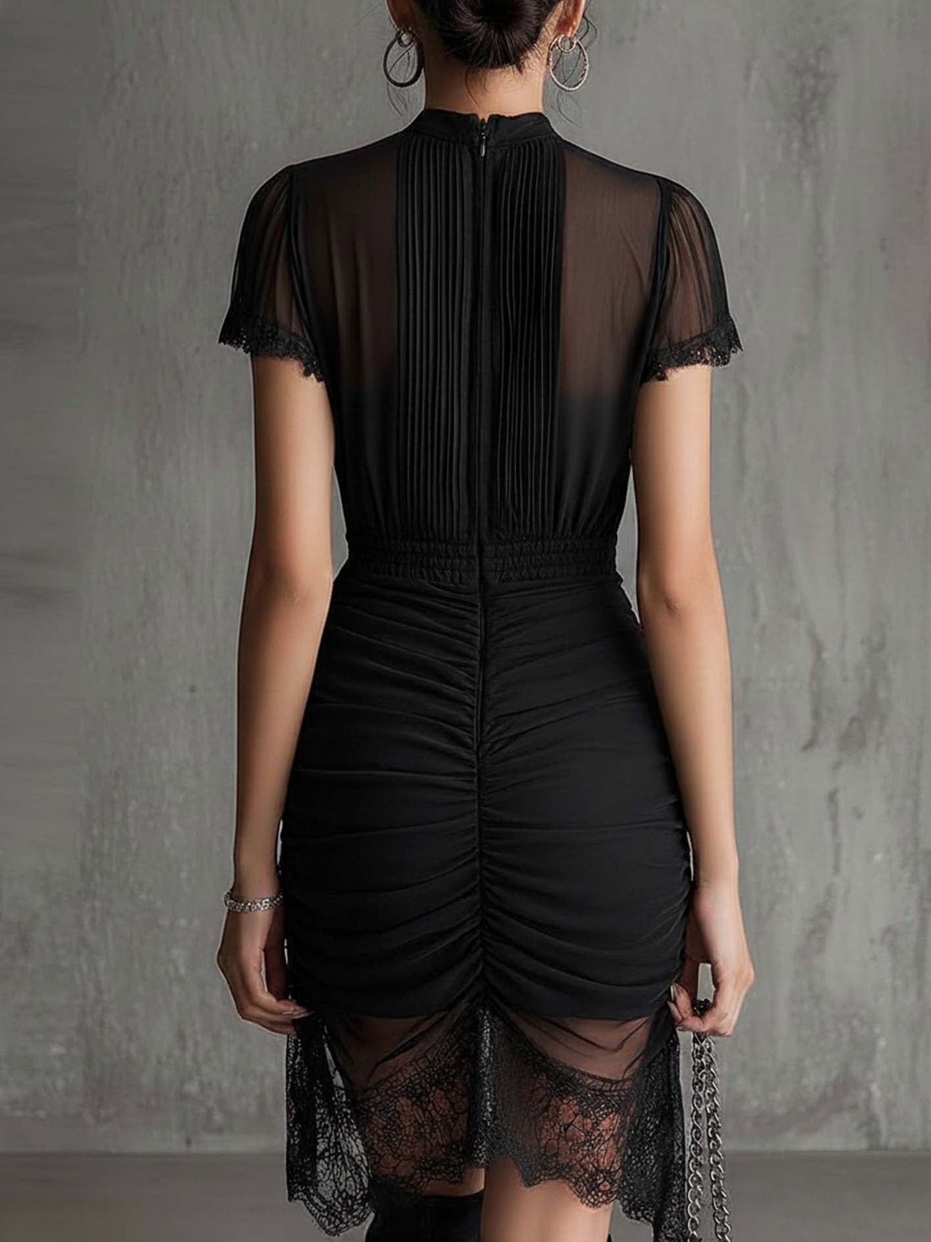 Semila | Black Pleated Waist Lace Trim Dress