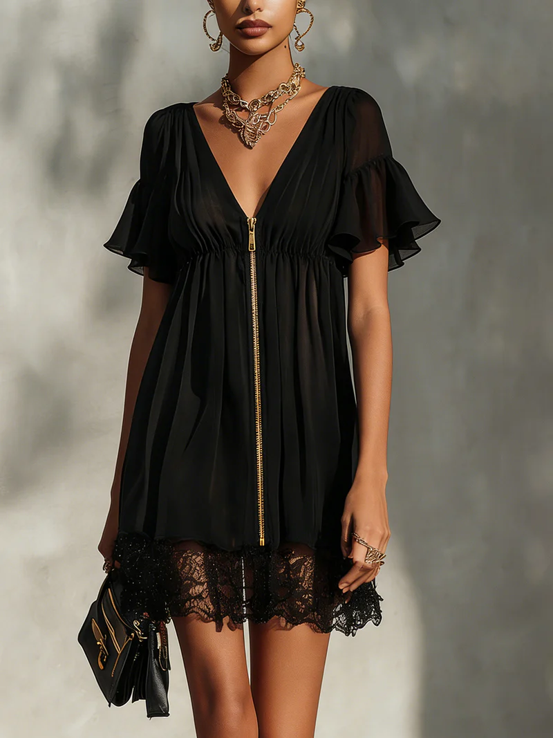 Sanya | Black V-Neck Mini Dress With Lace Trim