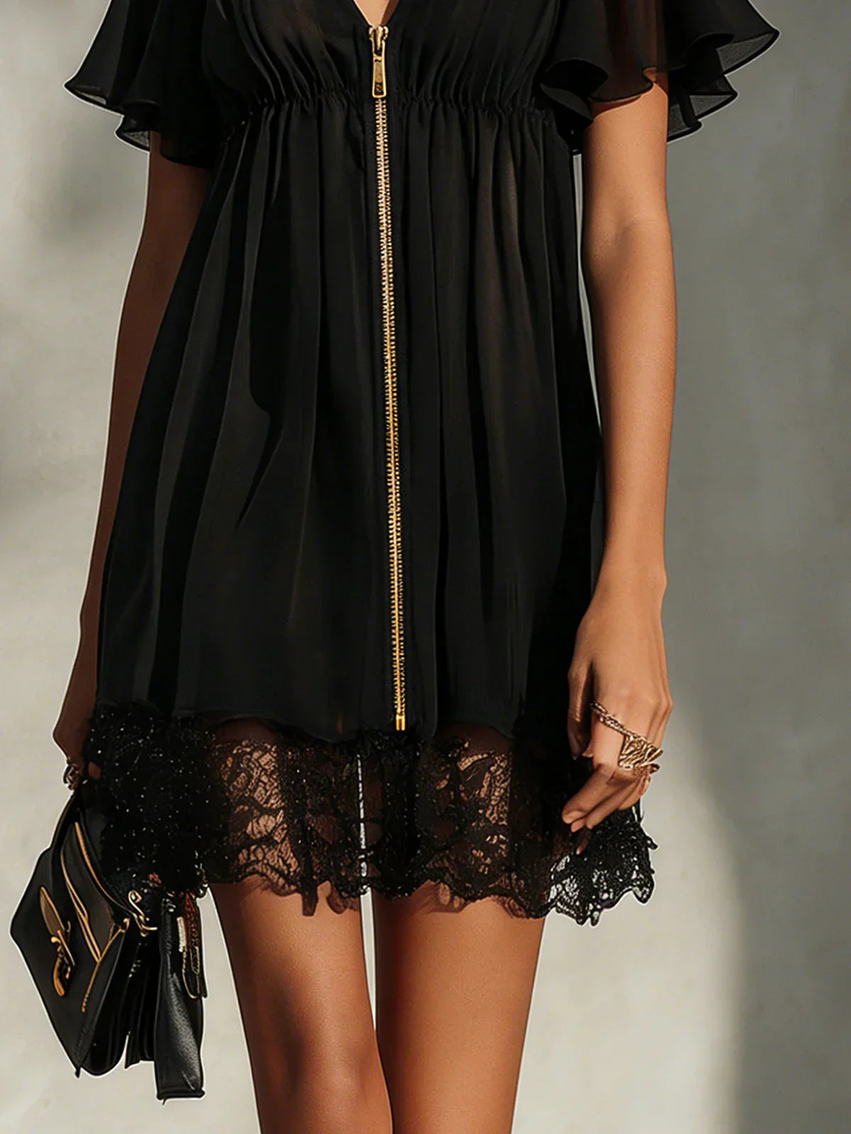 Sanya | Black V-Neck Mini Dress With Lace Trim