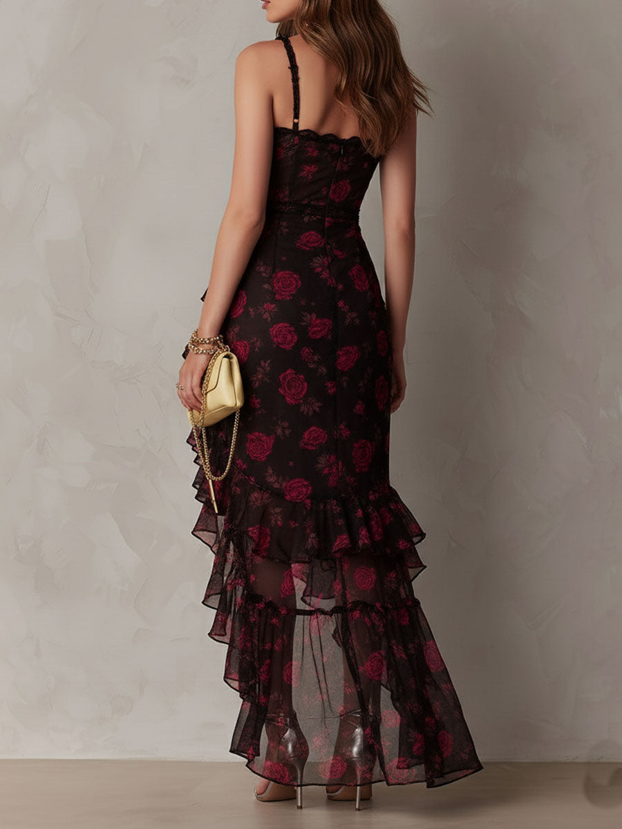 Deyna | Asymmetrical Floral Ruffle Hem Midi Dress