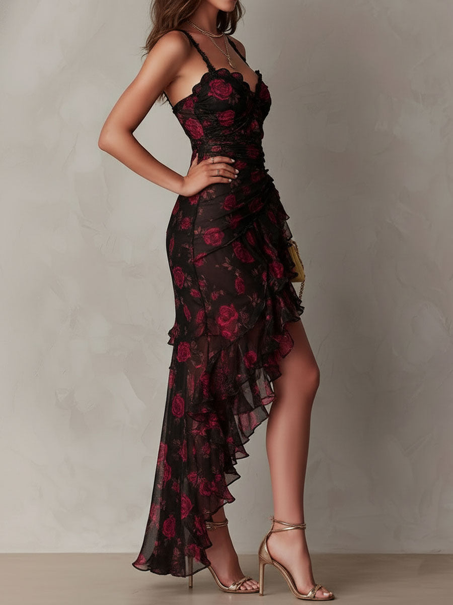 Deyna | Asymmetrical Floral Ruffle Hem Midi Dress