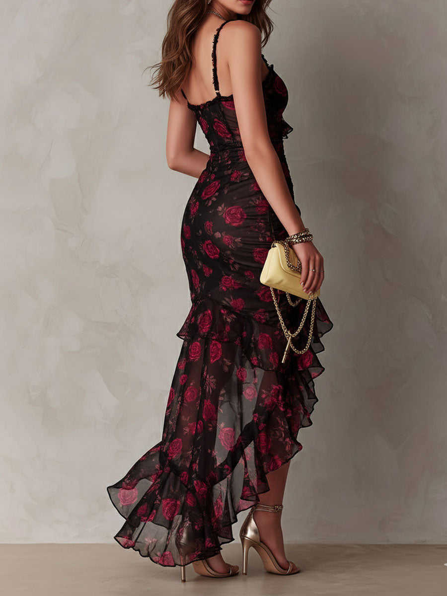 Deyna | Asymmetrical Floral Ruffle Hem Midi Dress