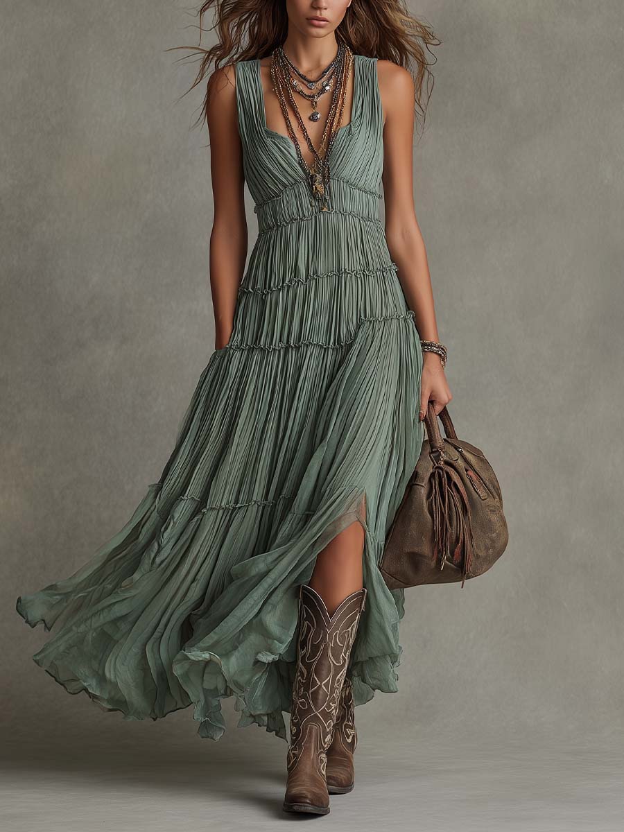Sirikun | Sleeveless Sage Green Pleated Maxi Dress