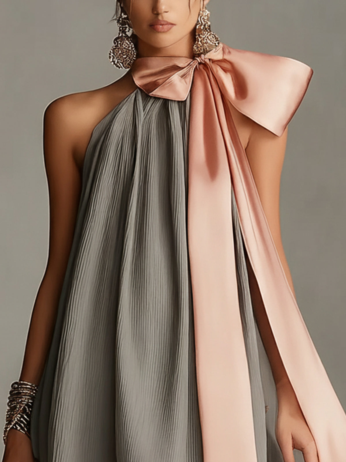 Robin | Sleeveless Pleated Bow Neck Mini Dress