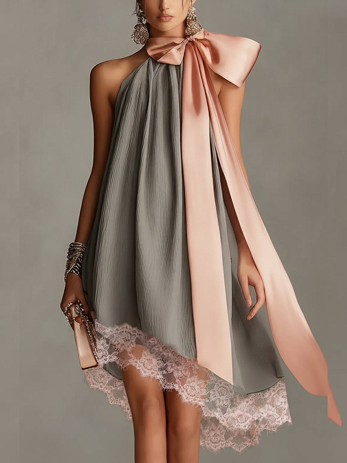 Robin | Sleeveless Pleated Bow Neck Mini Dress