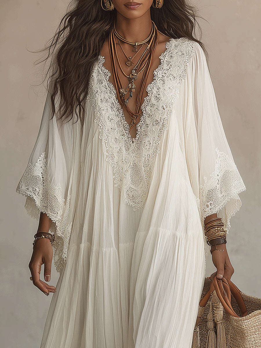 Shimmila | Maxi Dress White Lace V-Neck Loose