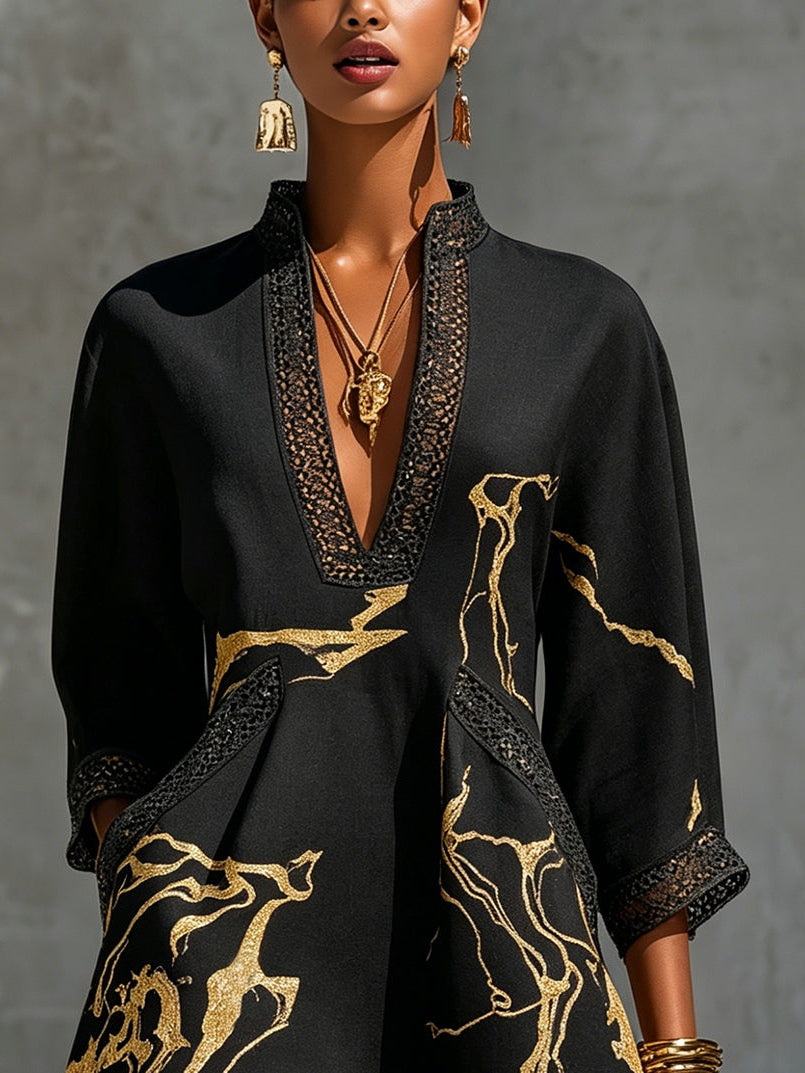 Arlinen | Mini Dress Black Printed V-Neck Three-Quarter Sleeve