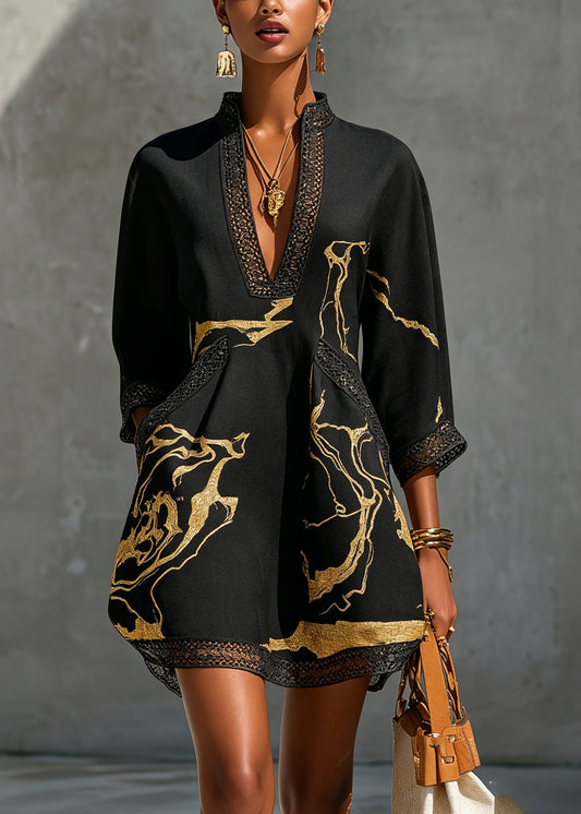 Arlinen | Mini Dress Black Printed V-Neck Three-Quarter Sleeve