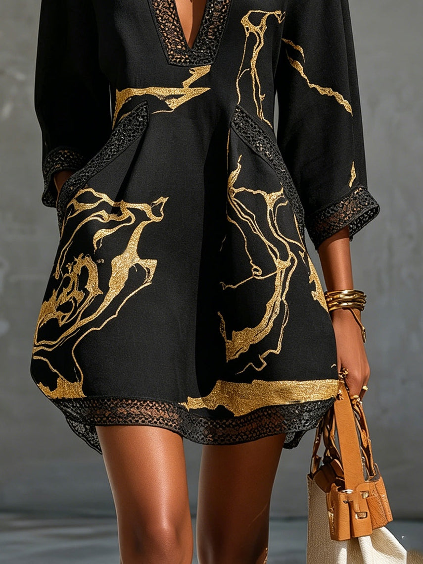 Arlinen | Mini Dress Black Printed V-Neck Three-Quarter Sleeve