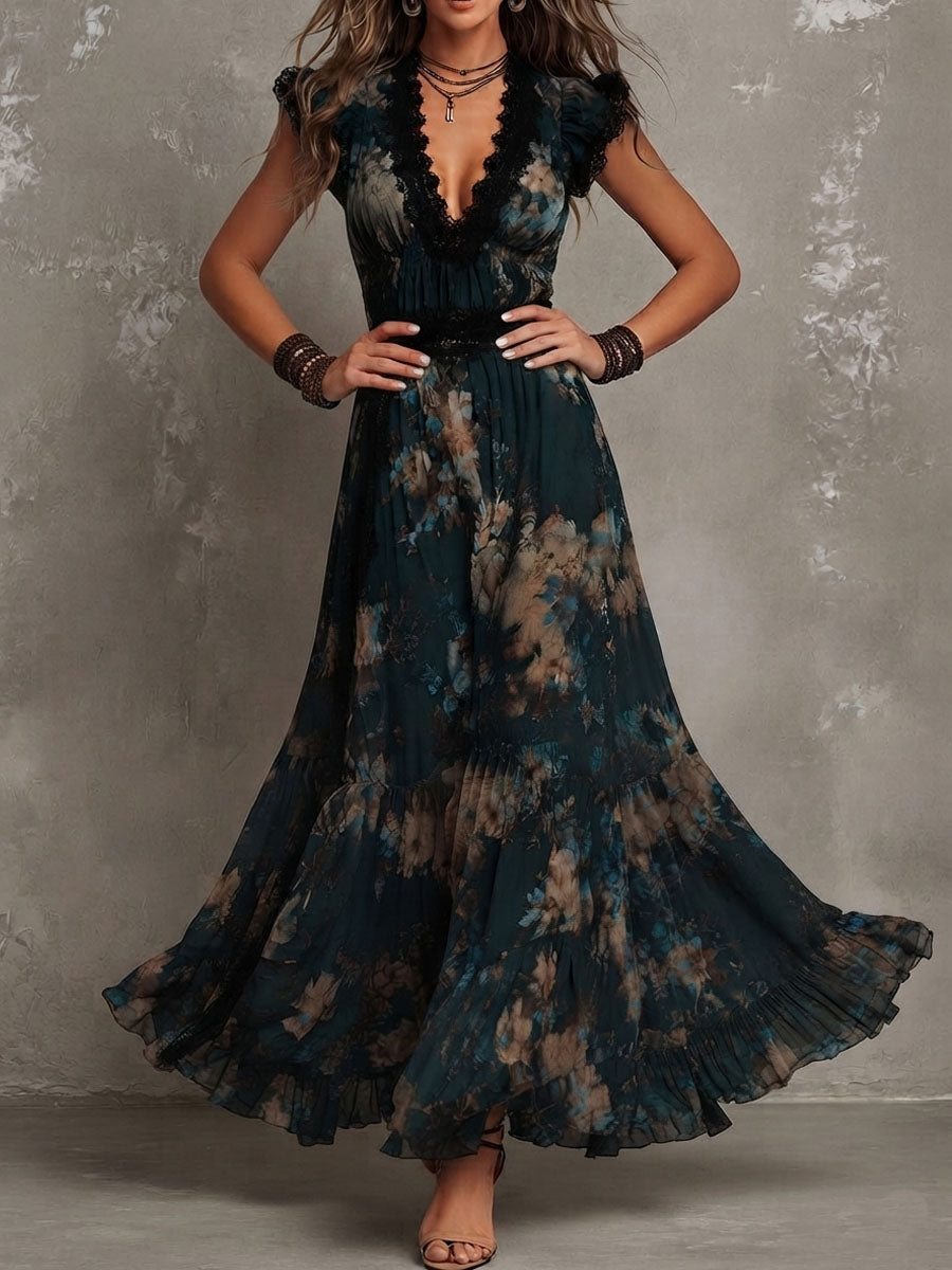 Alime | Maxi Dress Floral Print Lace Trim