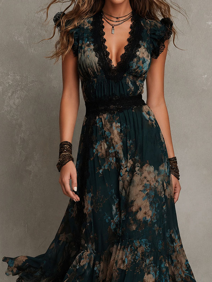Alime | Maxi Dress Floral Print Lace Trim
