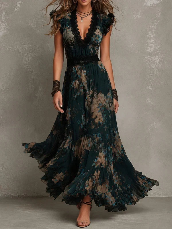Alime | Maxi Dress Floral Print Lace Trim