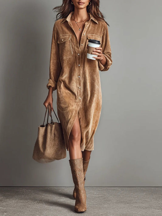 Zilke - Corduroy Style Button Front Shirt Dress