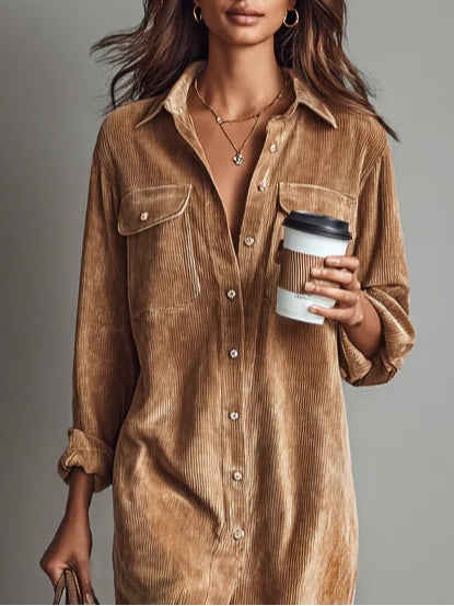 Zilke - Corduroy Style Button Front Shirt Dress