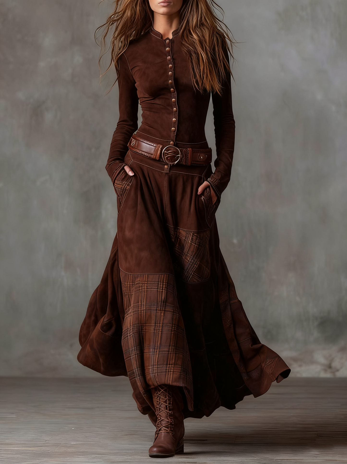 Eleza - Long Sleeve Checked Maxi Dress