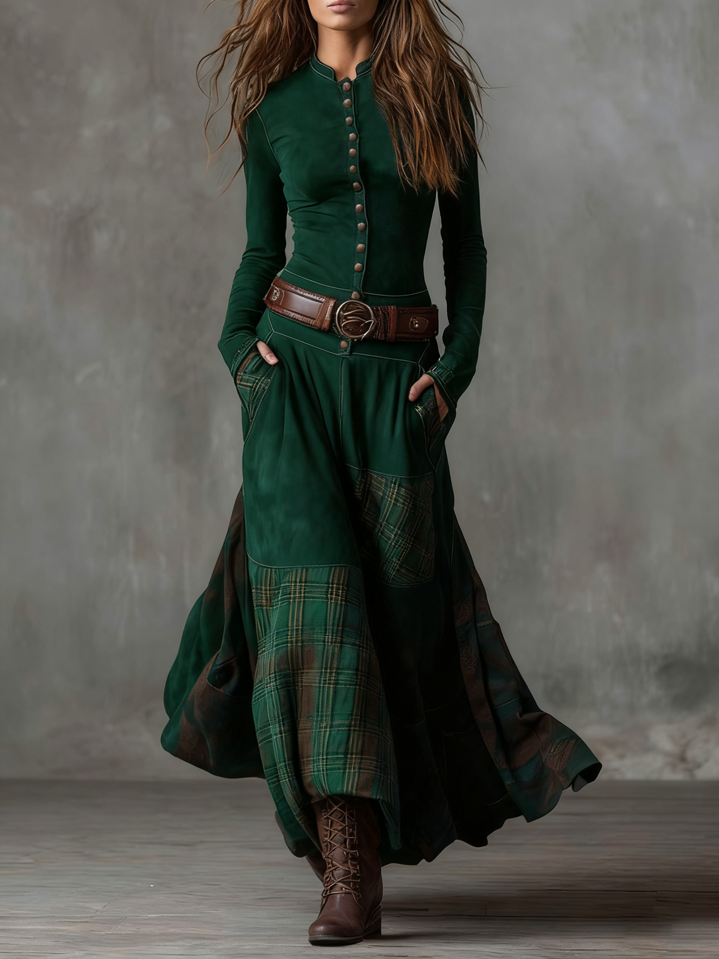 Eleza - Long Sleeve Checked Maxi Dress