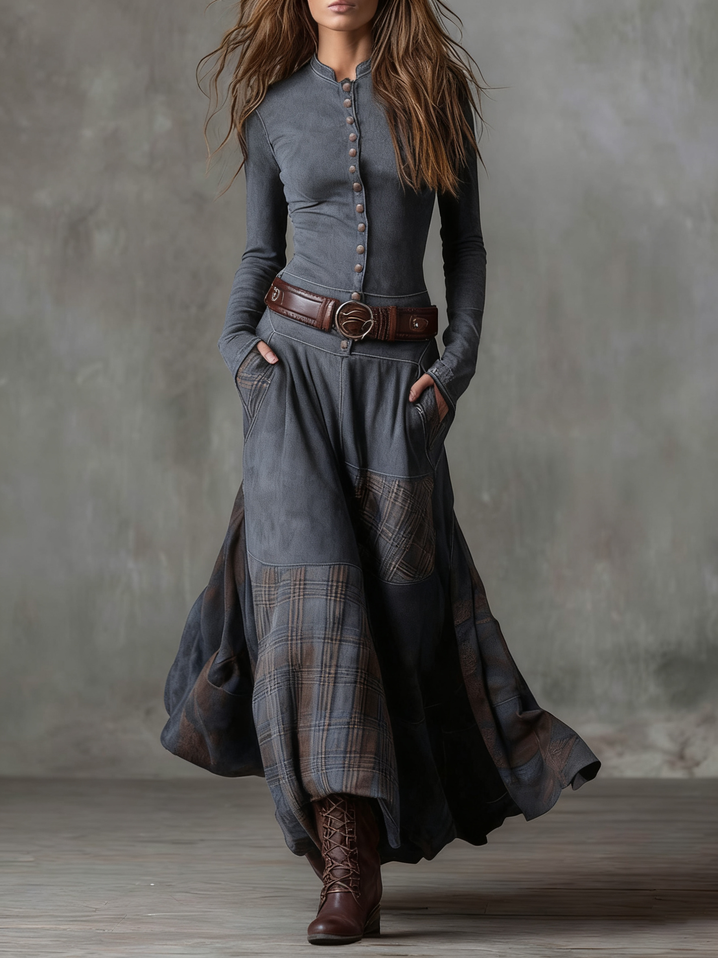 Eleza - Long Sleeve Checked Maxi Dress