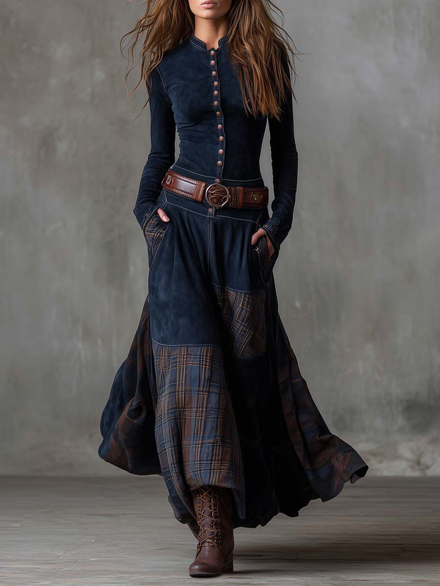 Eleza - Long Sleeve Checked Maxi Dress